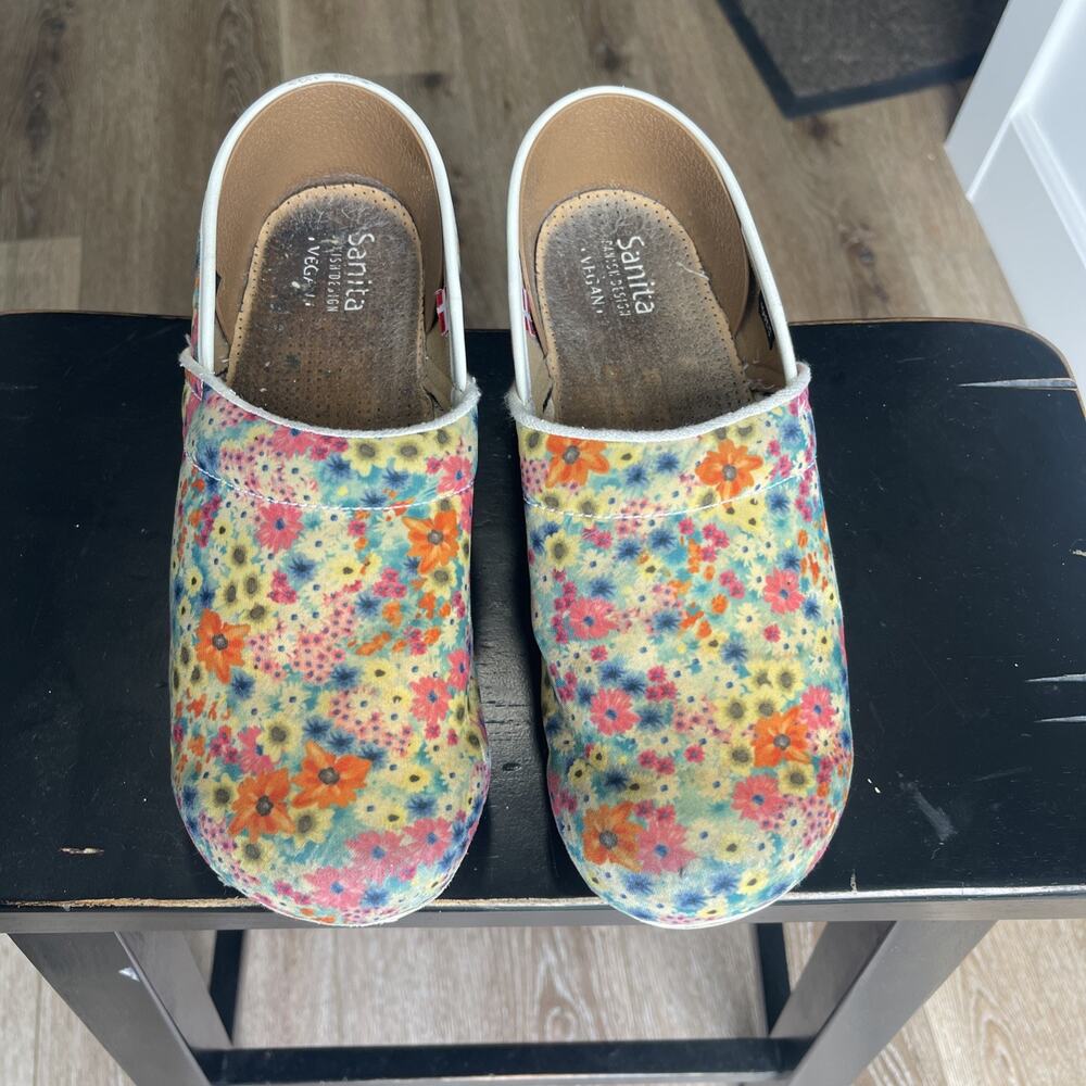 Sanita Multicolor Floral Print Leather Slip-On Clogs Size 40 size 10 Happy